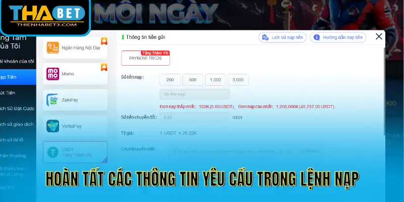 Hoàn tất các thông tin yêu cầu trong lệnh nạp
